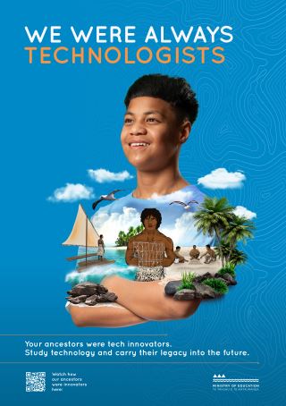 Image of boy. Text: We were always technologists. You ancestors were tech innovators. Study technology and carry their legacy into the future.